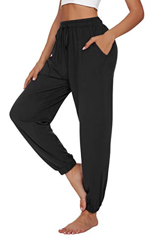 UEU Women's Athletic Sweatpants Drawstring Joggers Yoga Pants Comfy Lounge Trousers with Pockets(Black,S)