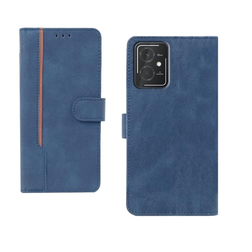 Image of amazon basics HMD Vibe 5G Flip Cover | Card Pockets Wallet & Stand | Flip Cover for HMD Vibe 5G (Blue with Beige Strip)