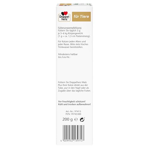 Doppelherz für Tiere Malz Plus Anti-Hairball Paste für Katzen - mit Malz, Lachsöl, Inulin, Cellulose und Flohsamen- 200 g Paste
