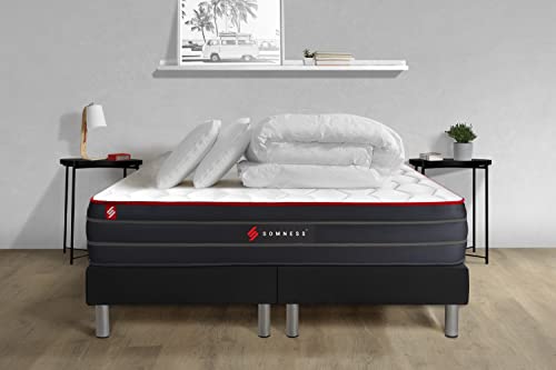 Pack Matelas Boost 200x200 + Double sommiers Noir 100x200 + Couette + 2 oreillers | Epaisseur : 26 cm | Confort : Equilibré Cover