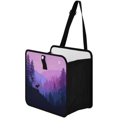 Image of Car Trash Can Organizer Bin with Adjustable Strap for Back Front Seat Console Waterproof Leakproof Collapsible Portable 8.66 Inch Purple Stag Mountains and Forest