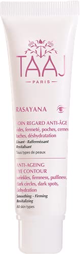 TAAJ | Cura occhi antietà - RASAYANA | Corregge i segni dell'invecchiamento | Agisce su rughe, occhiaie, borse, ecc. | Attivi rigeneranti, rassodanti, illuminanti e drenanti | 30ml