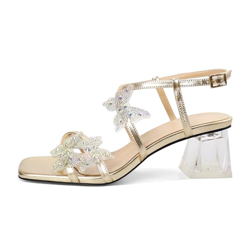 Joseywade Butterfly Heels Heeled Sandals Rhinestone Crystal Butterflies Heels Open Toe Clear low Block Heels 2 Inch Women's Ankle Strap Shoes2