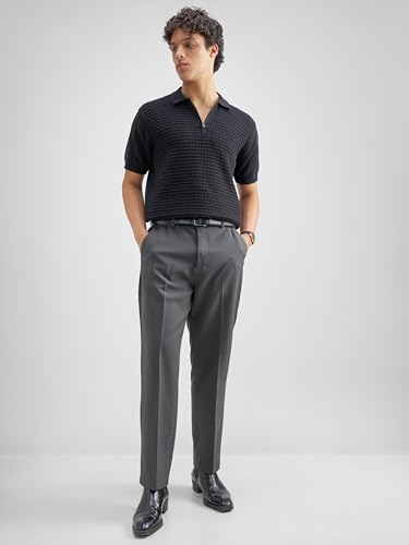 Image of Highlander Men Men Solid Korean Trousers|Relaxed fit|Mid-Rise|Premium Blend|All Day Smart Wear Workwear