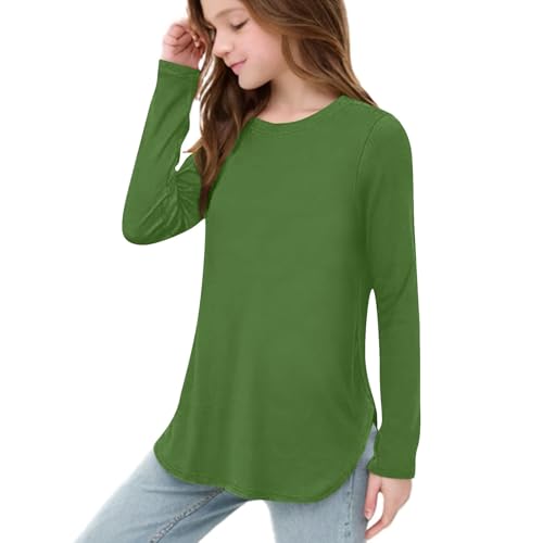 Kids Girls Long Sleeve Underwear Shirts Plain Crewneck Irregular Hem Loose Pullover Shirts Fall Winter Basic Tee Tops