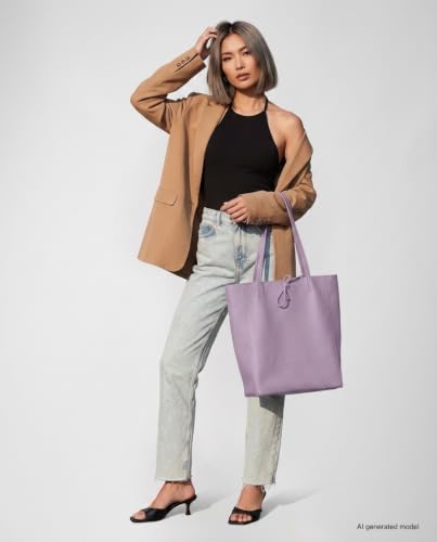 Image of Genuine Italian Leather Tote Bag for Women, Large Slouchy Purse, Lilac | Unstructured bag, raw unlined interior with zip pocket, top zipper, side ties, folds flat, fits a 16-inch laptop, lightweight