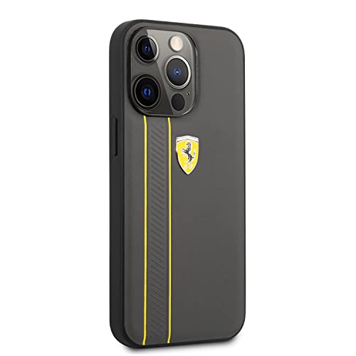 Image of CG MOBILE Ferrari Phone Case for iPhone 13 Pro Max in Gray with Two Yellow Lines, Real Leather Protective & Durable Case with Easy Snap-on, Shock Absorption & Signature Logo