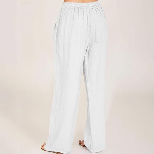 Womens Cotton Linen Palazzo Pants Flowy Casual Baggy Trousers High Waist Drawstring Lounge Pants with Pockets Resort Wear4