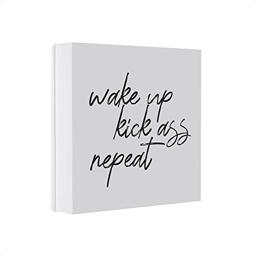 Modern Market Wake Up Kick Ass Repeat Wooden Box Sign Inspirational Motivational Quote Home Decor Sign with Sayings 8â€ x 8â€