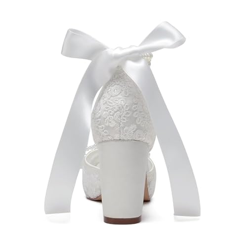 Image of Lace Pearl Wedding Shoes for Bride High Heel Bridal Shoes Peep Toe Platform Wedding Heels