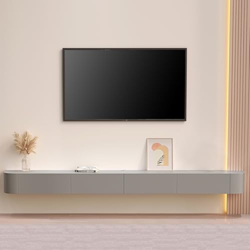 Meuble TV suspendu gris de 120 cm avec grand rangement et tiroirs