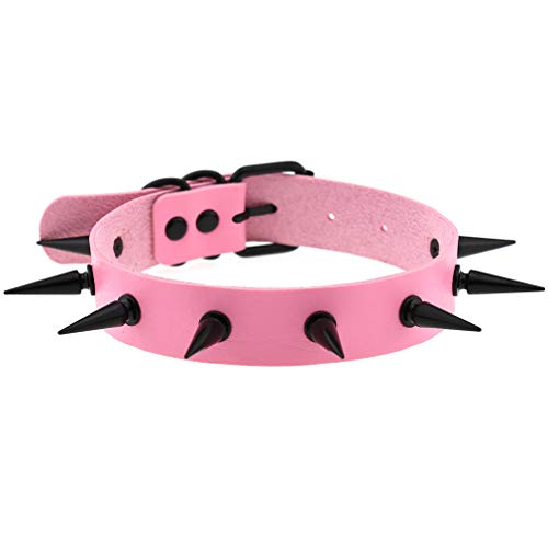 FM FM42 Pink Simulated Leather PU Black-tone Spikes Rivets Punk Rock Gothic Choker Collar Necklace PN2838