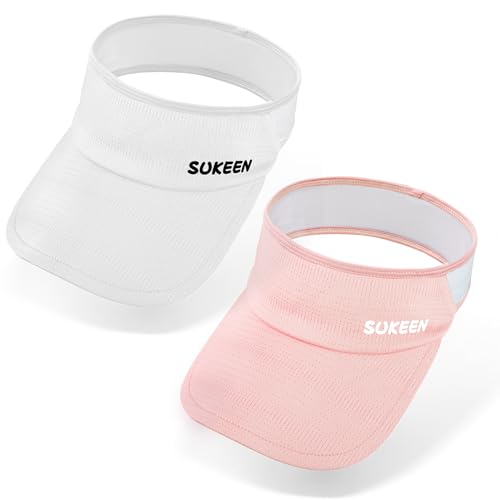 Sukeen 2 Packs Kids Sun Visor Hats for Girls Boys,Lightweight Sports Cap Cooling UPF50+ Sun Hat for Running Outdoor Activity (White+Pink)