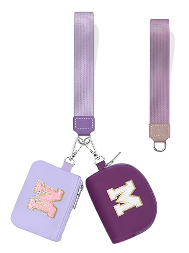 LIMKRIAN Initial Wristlet Wallets for Women,Small Dual Pouch Wristlet, Personalised Keychain Wallet, Mini Zip Around Coin Pouse, Monogrammed Wristlet Gifts(Purple,Letter M)