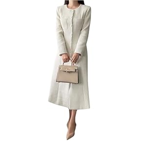 CHARTOU Women Tweed Dress Long Sleeve Single Breast Elegant Lady Long Tweed Blazer Dress