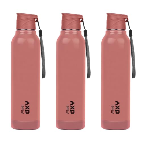 Image of FLAIR Oxy 900 Stainless Steel Water Bottle Set of 3 (650 ml Each), Pink, Hot & Cold, Leakproof, BPA-Free, ISI Certified, Stainless Steel Bottle for Office, Gym, Travel, Trekking & Outdoor Sports