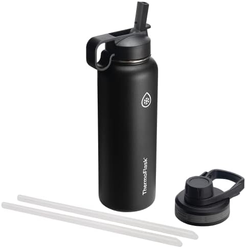 ThermoFlask Double Wall Vacuum Stainless Steel Insulated Water Bottle with Two Lids, 40 Ounce, Black