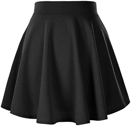 Afibi Girls Casual Mini Stretch Waist Flared Plain Pleated Skater Skirt (Medium, Black)