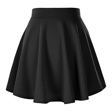 Afibi Casual Mini Stretch Waist Flared Plain Pleated Skater Skirt (X-Small, Black) Cover