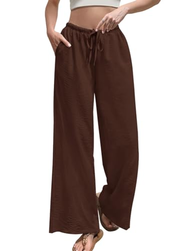Women's Palazzo Pants: Summer Boho Flowy Wide Leg Pant - Drawstring Elastic Waist Beach Lounge Trousers with Pockets