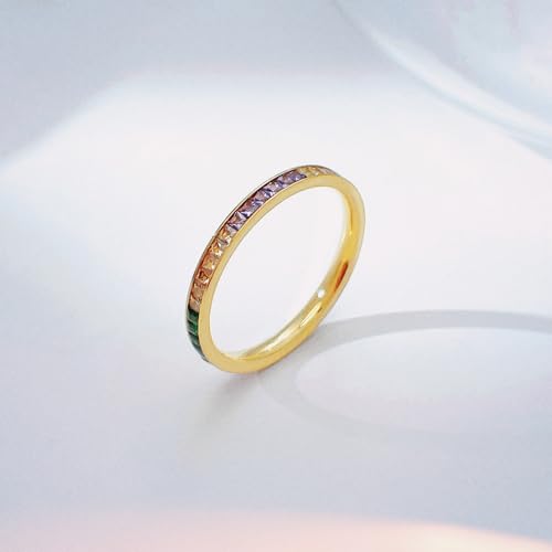Eternity Rainbow Ring for Women, 18K Gold Plated Colorful AAAAA Cubic Zirconia Multi-Gemstone Stackable Band Ring4
