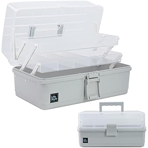 Creahaus 13 inch Art Craft Organizer Storage Box with 3 Layers, Multifunctional Plastic Tool Box with Handle for Sewing, Makeup, Medicine, Nail, Hair Accessories for Kids (Grey) Cover