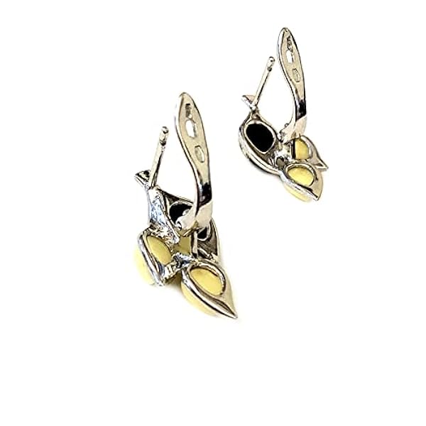 Oorbellen barnsteen 3 bladeren in sterling zilver 925, 2-kleurig - wit boterscotch en groen, zilveren oorbellen barnsteen, winter 2022 collectie