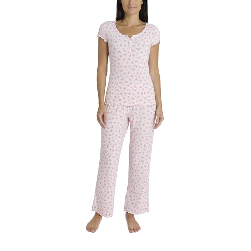 Laura Ashley Womens Pajamas 2 Piece Ribbed Knit Short Sleeve Henley Top and Pants PJ Set (US Alpha Medium Regular Regular Ivory Roses)