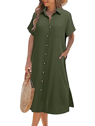 Zeagoo Womens Summer Dress Short Sleeve Casual Summer Sunress Tunic Dress Cover up with Pockets Green L