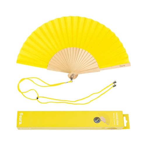 Fisura – Abanico amarillo. Abanico de madera moderno y gracioso. Abanico original para verano. Abanico con cuelga abanico. Medidas: 42,5 x 23 centímetros.