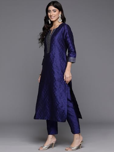 Image of Varanga Women Embroidered Straight Kurta Pant Set with Dupatta | Silk Blend Fabric | 3 /4 Sleeve Round Neck | Lightweight Comfortable Summer Wear
