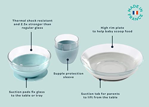Image of BEABA 3-Piece Glass Meal Set with Suction Pad, Toddler Plate and Baby Bowls with Suction, Non Slip Kids Dinnerware Set, 2.5x Stronger than Regular Glass, (Rain)