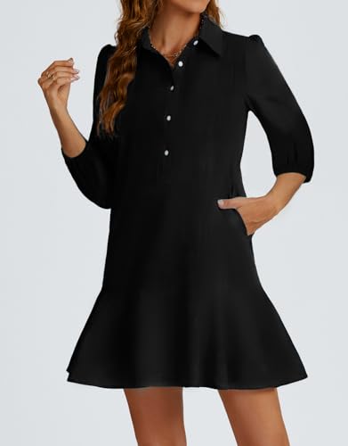 Image of YEXPINE Women Button Down Dress Casual 3 /4 Puff Sleeve Cotton Linen Dress Flowy Ruffle Hem Tunic Shirt Dresses