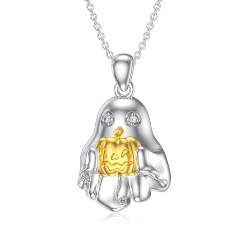 Diamond Ghost Necklace for Women 925 Sterling Silver Pumpkin Ghost Pendant Necklace with Lab Grown Diamond Delicate Jewelry Halloween Gifts for Ladies