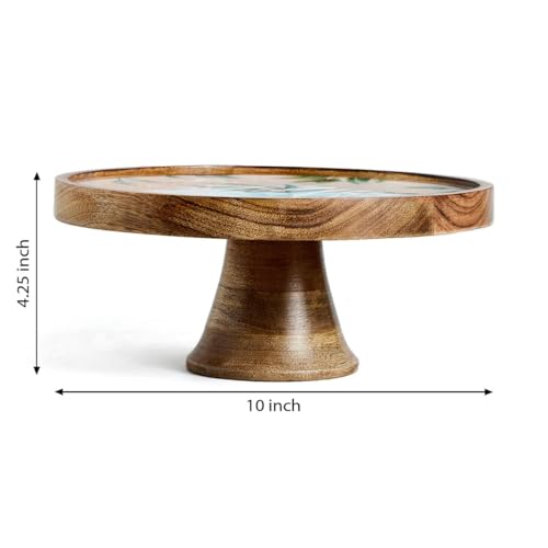 Image of SAAGA Round Wooden Cake Stand | 10 x 4.25 Inch Printed Mango Wood Cake Display Stand for Cakes, Pizza, Desserts & Pastries | White & Aquamarine Decorative Serving Stand for Dining & Entertaining