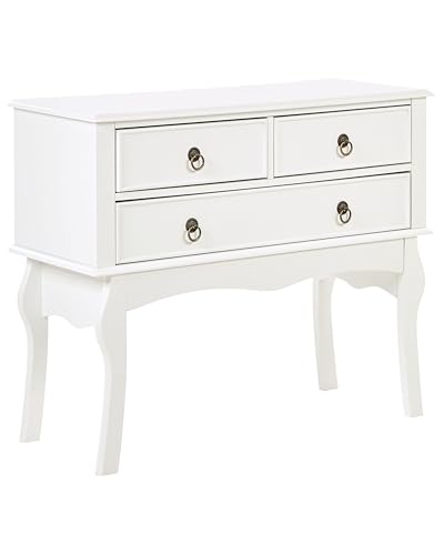 Beliani Table Rustique Console Sellette Champêtre à 3 Tiroirs Blanche Festonné MDF Lamar