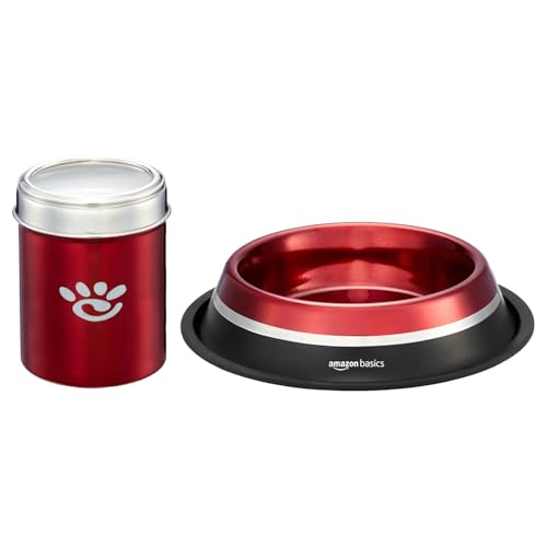 Image of Amazon Basics Stainless Steel Pet Feeding Bowls for Dog & Cats | Anti Slip Base | 2 Pcs Set | Canister & Dog Bowl in Double tonned | Canister 1000 ml & Dog Bowl 900 ml