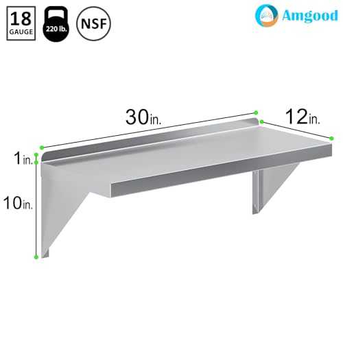 Image of AmGood 12 inch x 30 inch Stainless Steel Wall Shelf | Appliance & Equipment Metal Shelving | Kitchen, Restaurant, Garage, Laundry, Utility Room | Heavy Duty | Squared Edge | NSF Certified