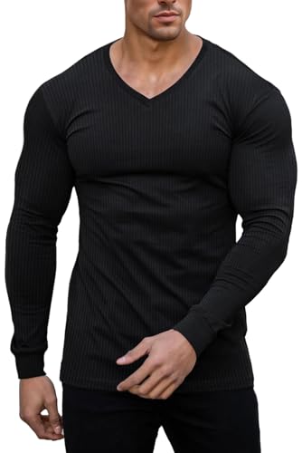 Muscle Cmdr Slim Fit V Neck Long Sleeve Muscle Thermal T Shirt Casual Ribbed Pullover Tee Lightweight Sweater Undershirts