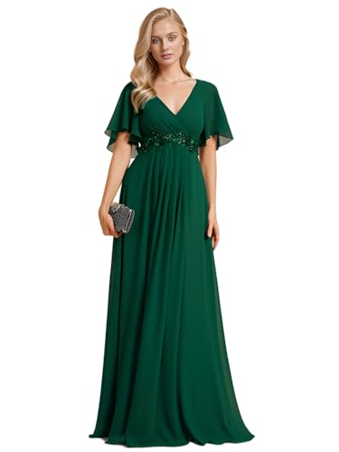 Ever-Pretty Damen Abendkleid Lang Elegant für Hochzeit Appliziertes V-Ausschnitt A-Linie Ballkleider Chiffon Brautjungferkleider Dunkelgrün 50
