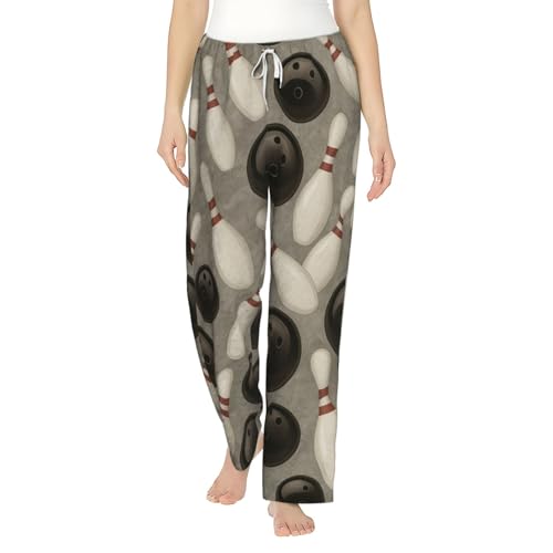 Pantalon de pyjama en polaire femme style cocooning, bas de nuit flanelle à motif bowling