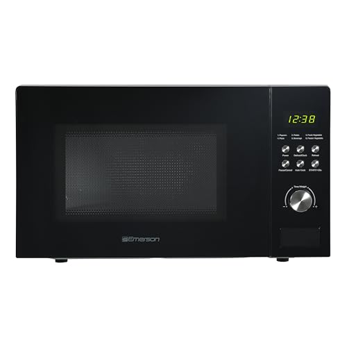 Image of Emerson MW1101B-A Countertop Microwave Oven with Button Control, LED Display 1000W, 10 Power Levels, 6 Auto Menus, Glass Turntable and Child Safe Lock, 1.1 Cu. Ft., Black