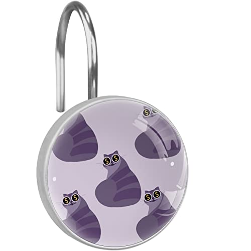 Shower Curtain Hooks Decorative Flat Cat Print Set Of 12, Stainless Steel Rust Resistant For Bathroom Kids Room #TOP8