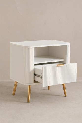 Image of Wooden Bedside Table for Bedroom | Wooden Bed Side Nightstand Lamp Table with 1 Drawers & Open Shelf Storage for Home & Hotels | HDMR Premium Wood & Iron Leg | White, Set of 2