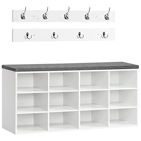 HOOBRO Shoe Storage Bench with Cushion, Entryway Bench, 39.4" Hall Tree, Coat Rack, 12 Cubbies, Holds up to 330 lb, Shoe Rack, Storage Cabinet for Bedroom, Hallway, White and Gray WT112HX01 Cover