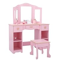 GiggleZone Kids Vanity Table and Stool Set, Pretend Play Girls Vanity Desk with Tri-Folding Mirror, 3 Drawers, 4 Storage Shelves & Accessories, Princess Makeup Table for Bedroom or Playroom, Pink