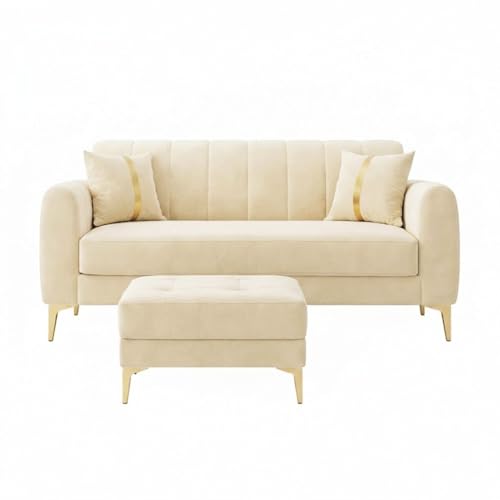 Image of Hermione Luxe Velvet-Suede Fabric 2 Seater Sofa Set with Ottoman | Golden Legs | Comfortable Seating | Modern Sofa for Living Room - Cream