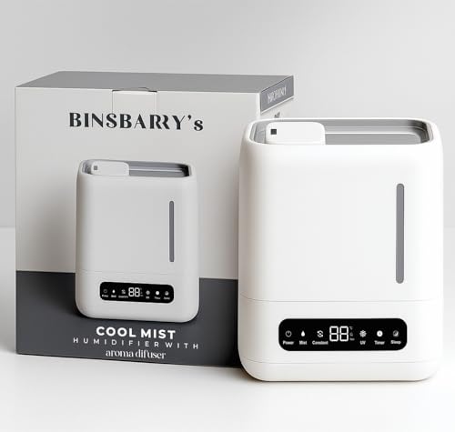 BINSBARRY Smart Ultrasonic Humidifier and Aroma Difuser, 4L Cool Mist Humidifiers for Home & Bedroom, Top Filling, 360° Nozzle and Auto Shut-Off with Timer, LED Display, Remote Control (White)