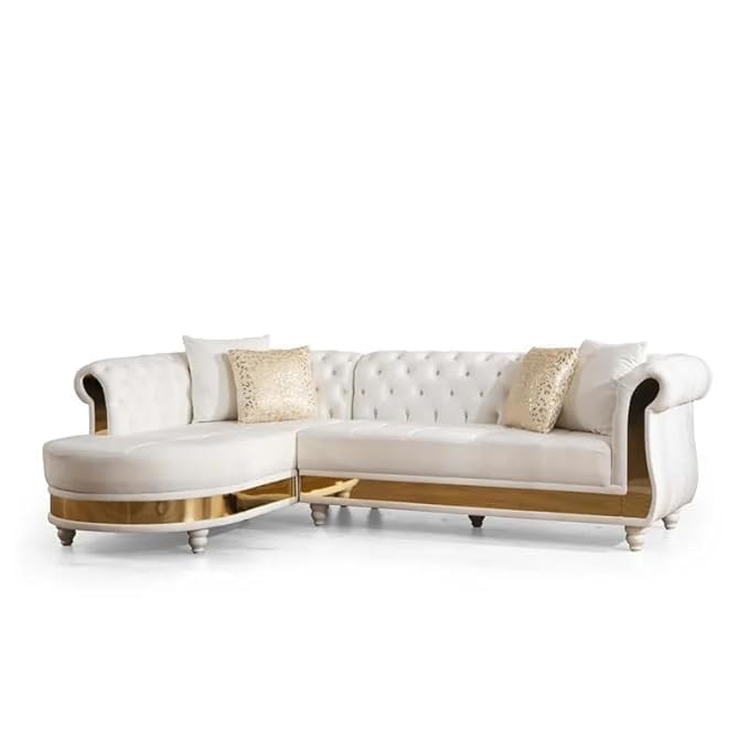 Image of Modern Classic L Shape Sectional Sofa Set, Chesterfield Style 4 Seater Sofa Set with Pillows for Living Room, Bedroom and Office, Office, and Hallway Colour (Beige Gold)