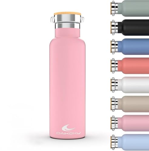 Daikoku Garrafa de água em aço inoxidável, 750 ml, garrafa térmica, bebidas frias 24 horas e quentes 12 horas, garrafa de água anti-gotejamento, parede dupla livre de BPA, cantil térmico, rosa